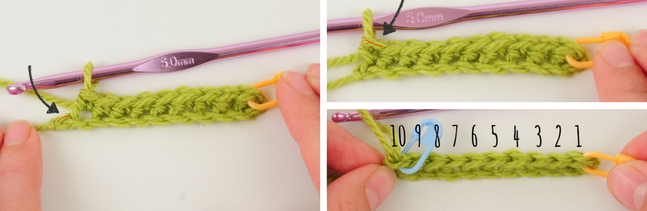 Making the tenth and last single crochet of the first row