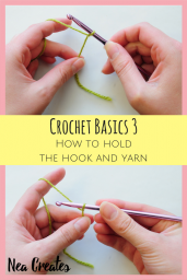 In the third lesson of Crochet basics we'll learn how to hold the hook two ways and how to wrap the yarn around your hand. Join us and learn how to crochet! | Nea Creates