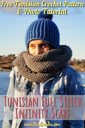 Follow this FREE Tunisian crochet pattern and crochet this gorgeous and warm Tunisian Full Stitch Infinity Scarf! It makes a great gift too! | Nea Creates