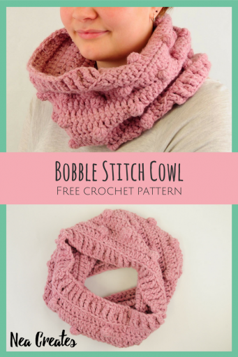 Crochet the super cute and quirky Bobble Stitch Cowl using this easy and FREE crochet pattern! You can crochet the cowl in either of the three sizes available, small, medium or large! | Nea Creates