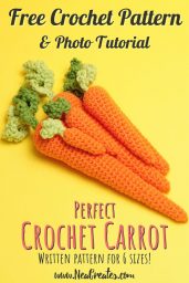 A free crochet pattern for amigurumi carrots. Written tutorial with photos for 6 different sizes! #freecrochetpattern #freeamigurumipattern | Nea Creates