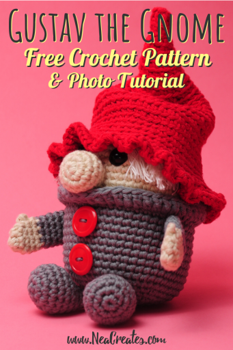 Crochet Gustav the Gnome for Christmas using this FREE amigurumi pattern! Easy/intermediate free crochet pattern, and he's so cute, with or without his hat! | Nea Creates